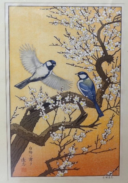東京都内にて、吉田遠志の木版画「白梅に舞う」をお譲りいただきました 